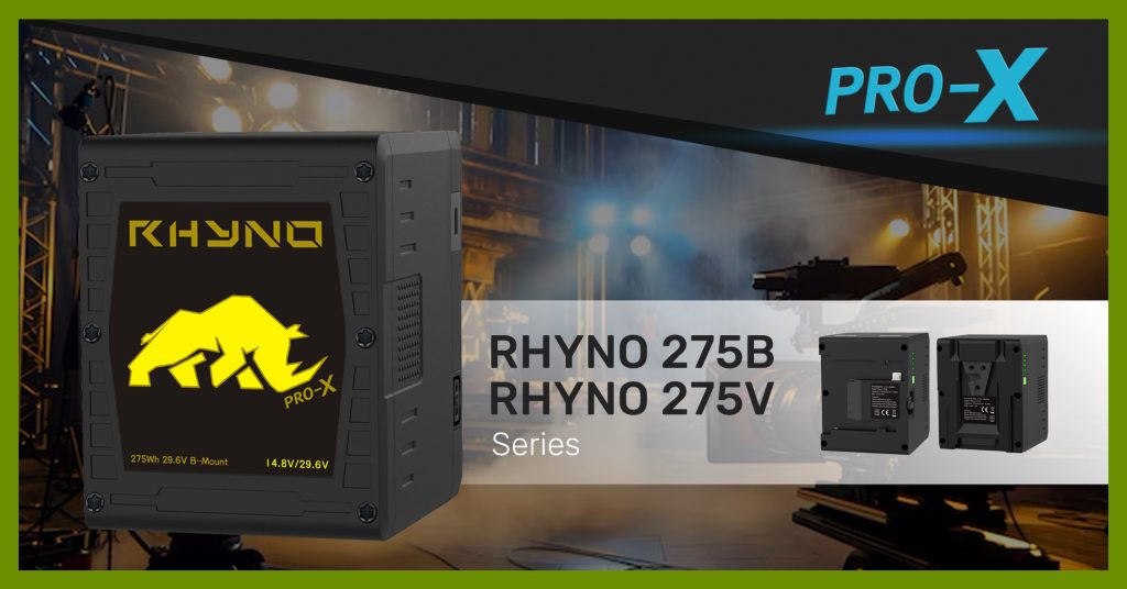 Batería Rhyno de Pro-X, de alto rendimiento y larga duración, diseñada para ofrecer energía confiable en equipos de transmisión y dispositivos móviles.