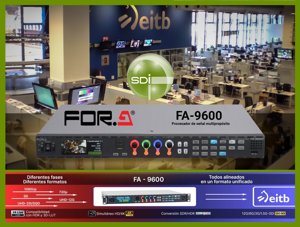 Procesador de señal multipropósito FOR-A FA-9600, compatible con HDR, 4K y múltiples formatos de video, utilizado en producciones en vivo y transmisiones de alta calidad. Implementado por SDI en EITB para mejorar su infraestructura audiovisual.