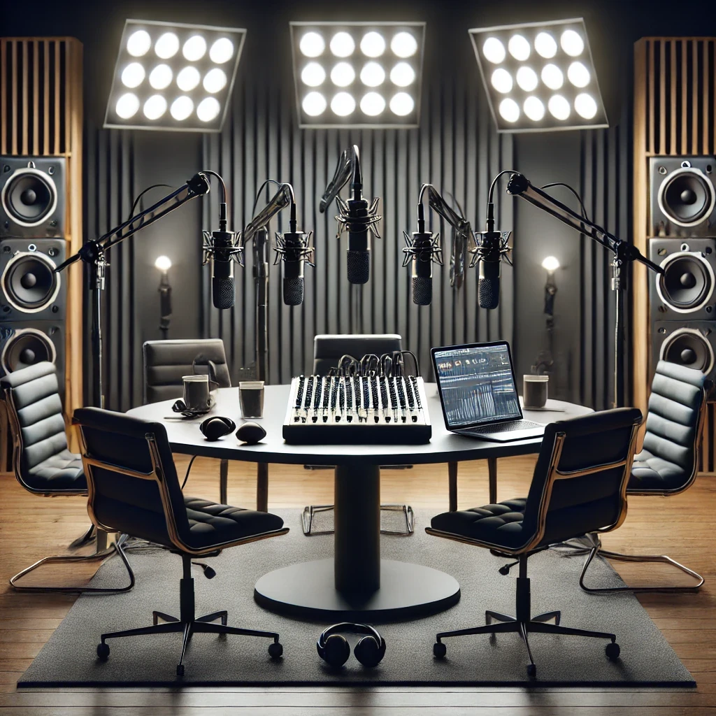 Estudio de grabación profesional para podcast con mesa redonda, micrófonos de brazo, mesa de mezclas, auriculares y laptop. Ambiente acústico con iluminación de estudio y altavoces de alta fidelidad. Configuración ideal para la producción de podcasts de calidad.